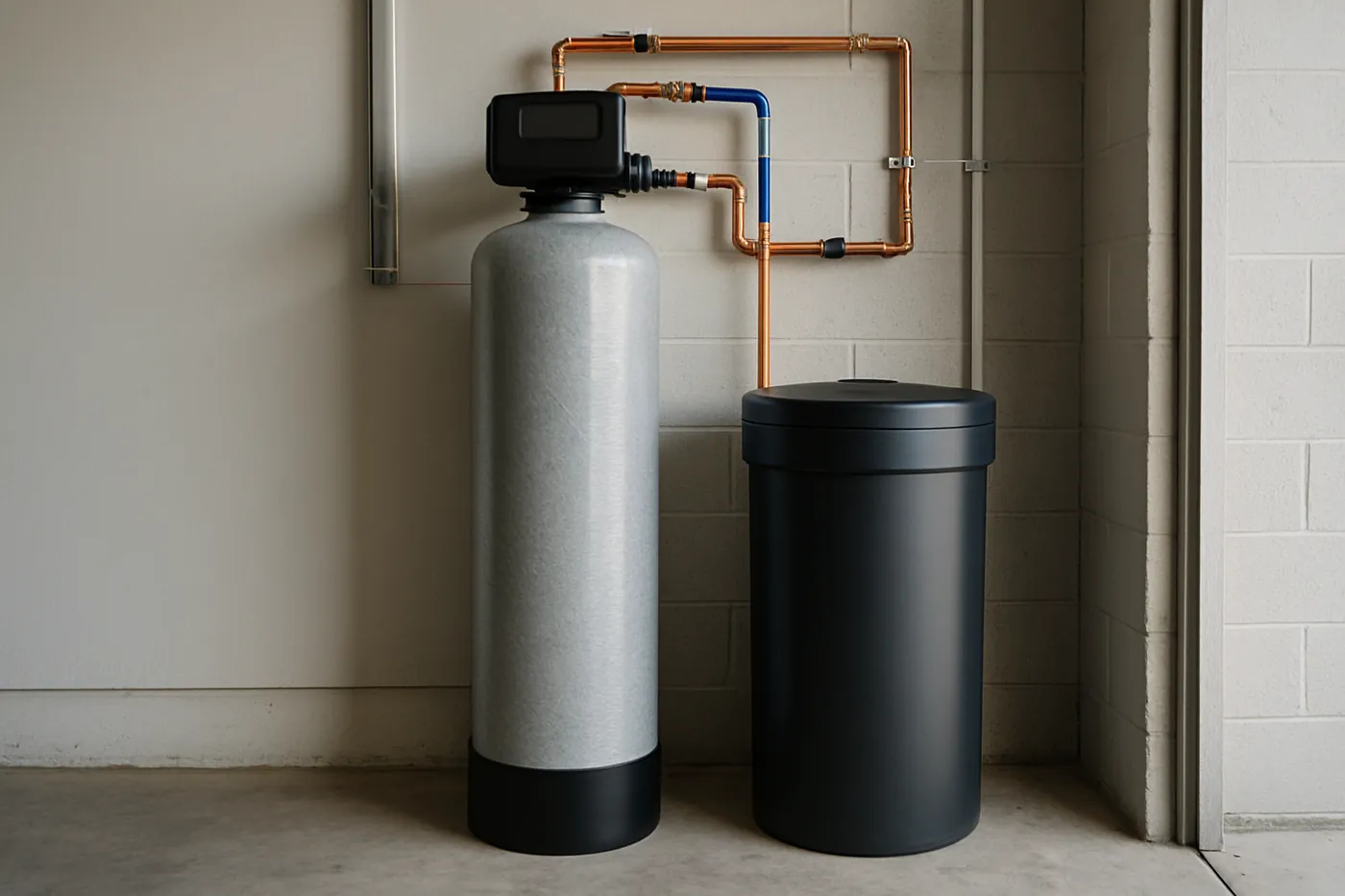 Commercial twin-tank water softener staged for installation at a Las Vegas business